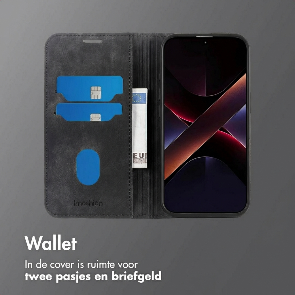 Custodia a portafoglio nera con telefono, due scomparti per carte e tasca per contanti.