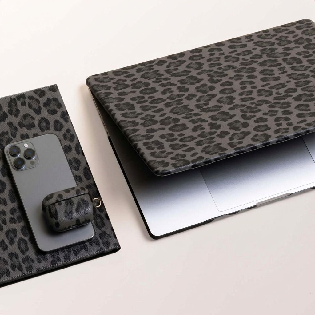 Laptop grigio con stampa leopardata, telefono e custodia di ricarica accanto.