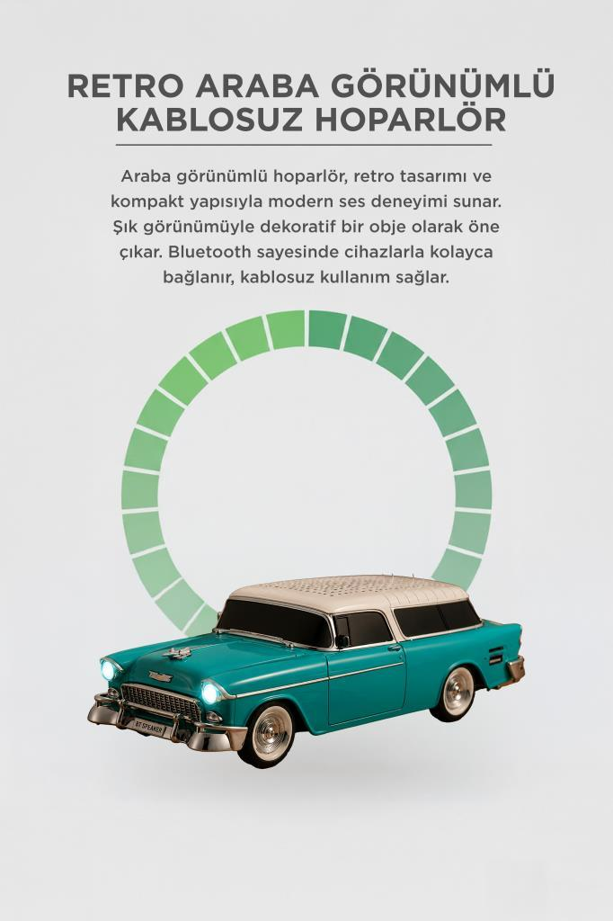 Turkuaz retro araba hoparlör, beyaz tavan, dairesel yeşil grafik.