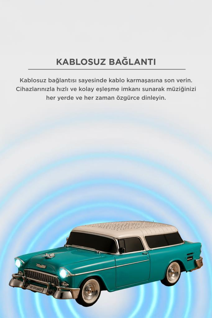 Beyaz tavanlı, turkuaz renkli, eski model araba şeklinde Bluetooth hoparlör.