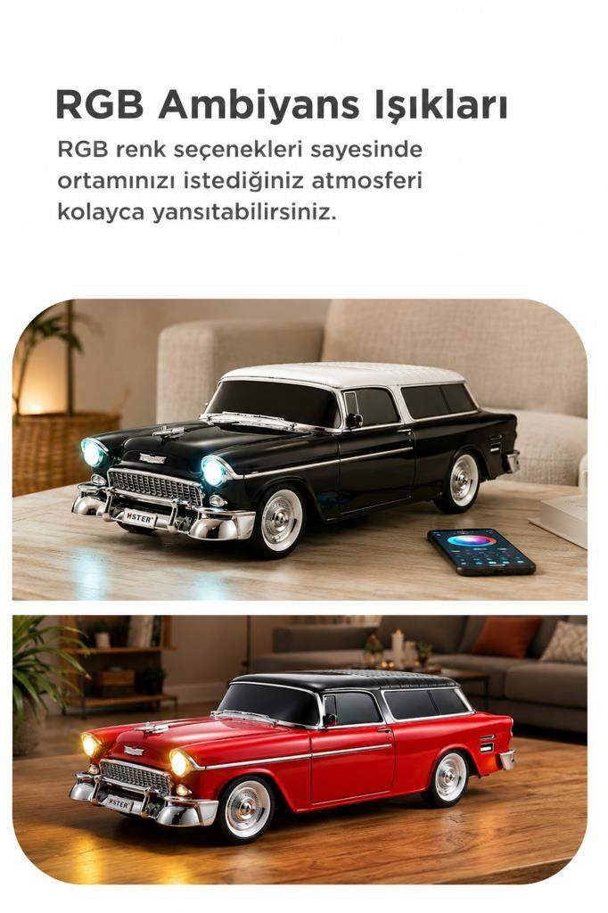 Siyah ve kırmızı klasik araba modelleri ışıklar ve telefonla.