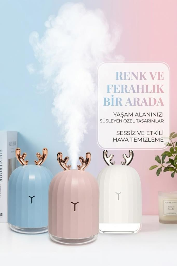 Mavi, pembe ve beyaz renklerde, geyik şeklinde, boynuzlu üç nemlendirici, buhar yükseliyor.