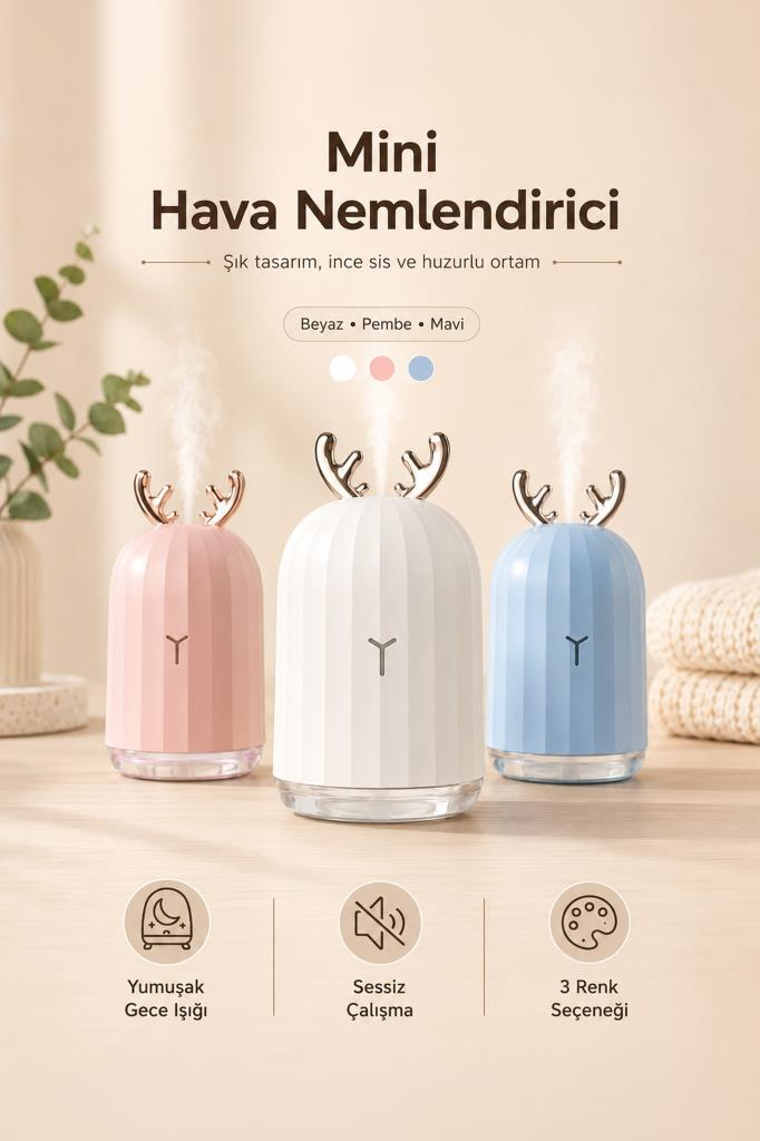 Geyik boynuzu detaylı, buharlı pembe, beyaz ve mavi mini nemlendiriciler.