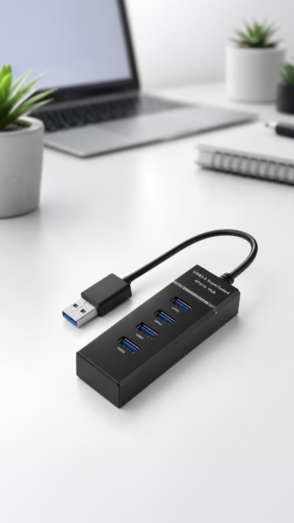 Beyaz bir masada 4 portlu siyah USB 3.0 hub ve bir dizüstü bilgisayar.