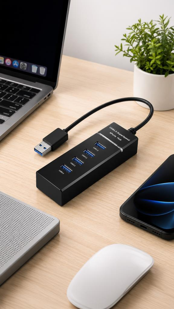 Dört portlu siyah USB 3.0 hub, dizüstü bilgisayar, akıllı telefon ve farenin yanında.