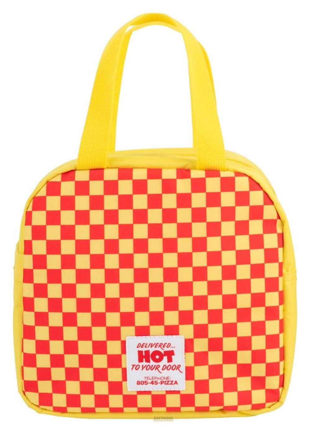 Gelbe Tragegriffe auf einer roten und gelben karierten Tasche mit "HOT TO YOUR DOOR" Aufdruck.