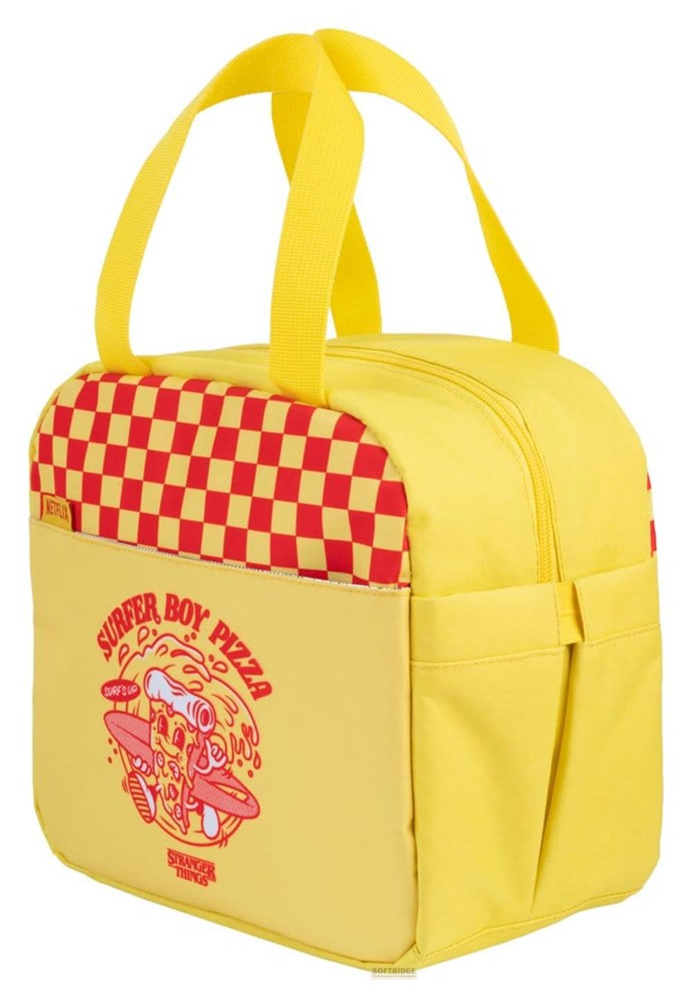 Gelbe Tasche mit Netflix Surfer Boy Pizza-Aufdruck und roten Karos.