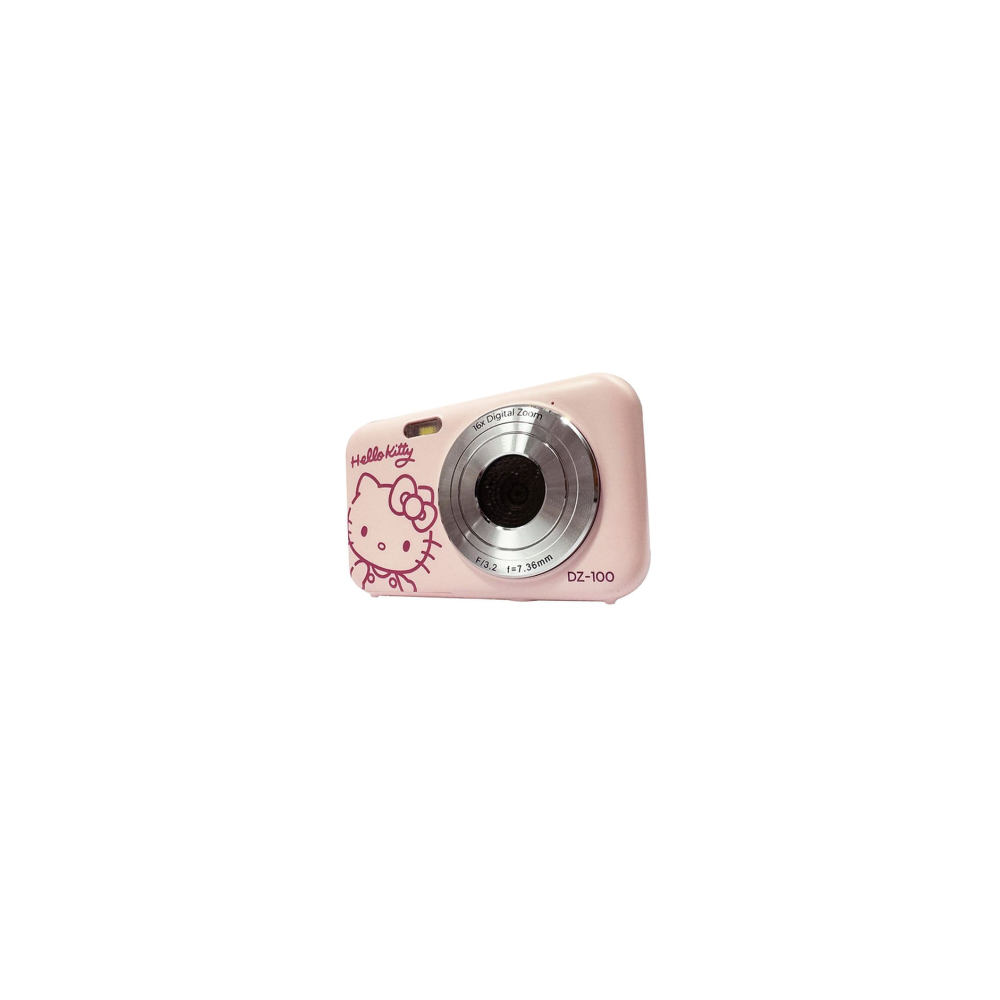 Una fotocamera digitale rosa Hello Kitty con obiettivo argentato e zoom digitale 16x.