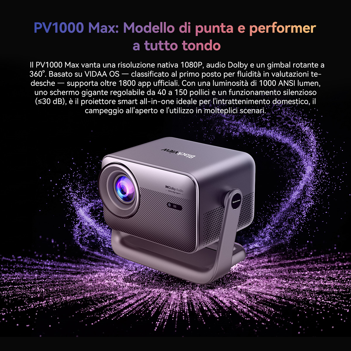 Un proiettore grigio con Dolby Audio è posizionato su un supporto su sfondo scuro con particelle viola.
