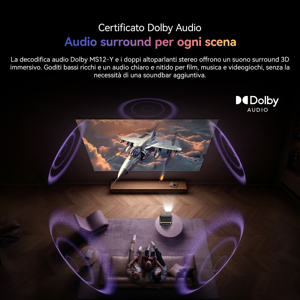 Una coppia guarda un film con un jet in volo sullo schermo, circondato da onde audio 3D.