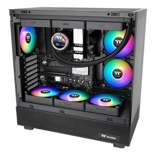 Un case PC aperto mostra ventole RGB, dissipatore CPU e scheda madre.