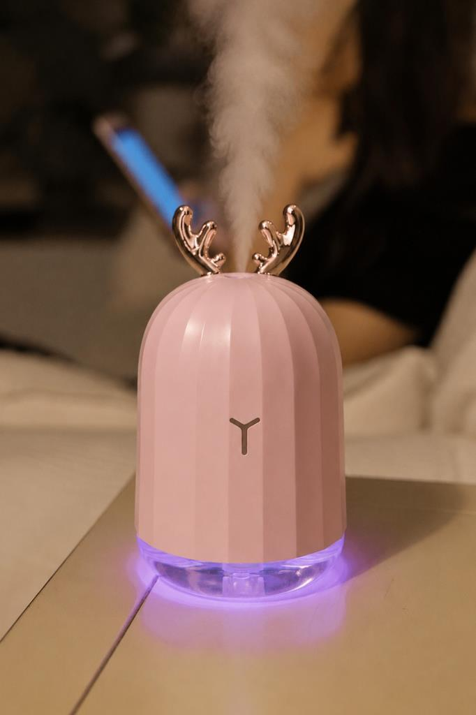 Arkada geyik boynuzu ve mor ışıklı pembe bir nemlendirici.