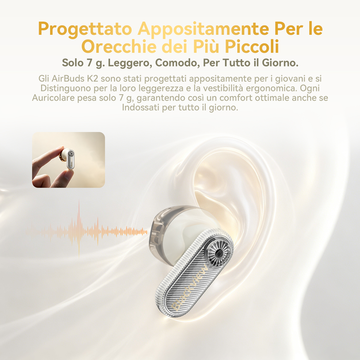 Un auricolare bianco è mostrato su uno sfondo chiaro.