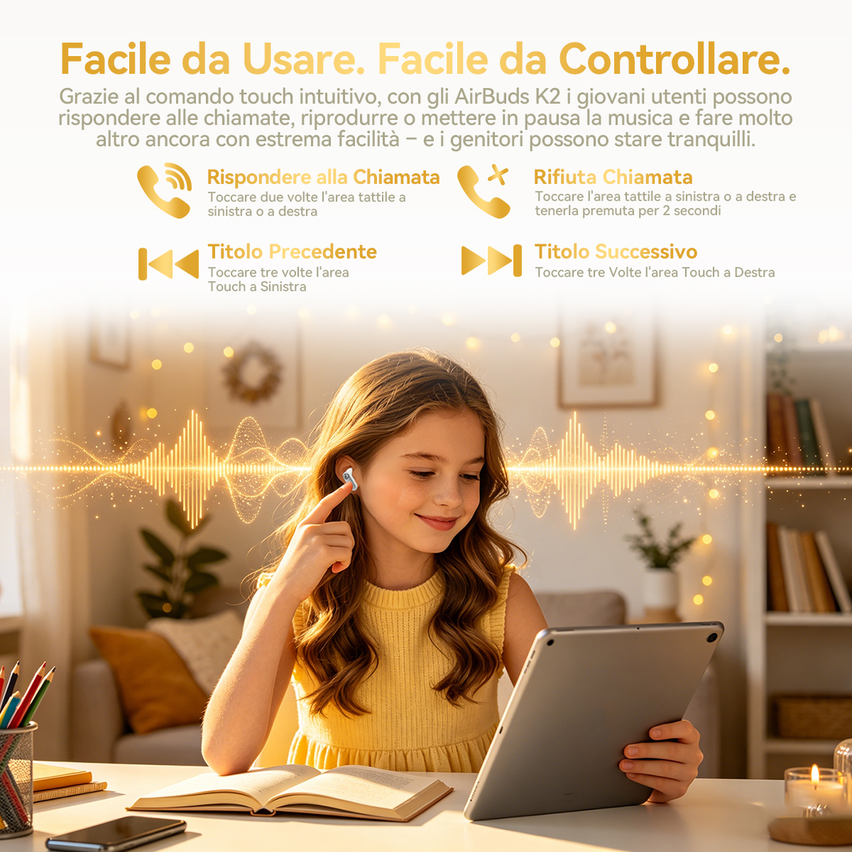Bambina con auricolari e tablet, con grafica a onde sonore.