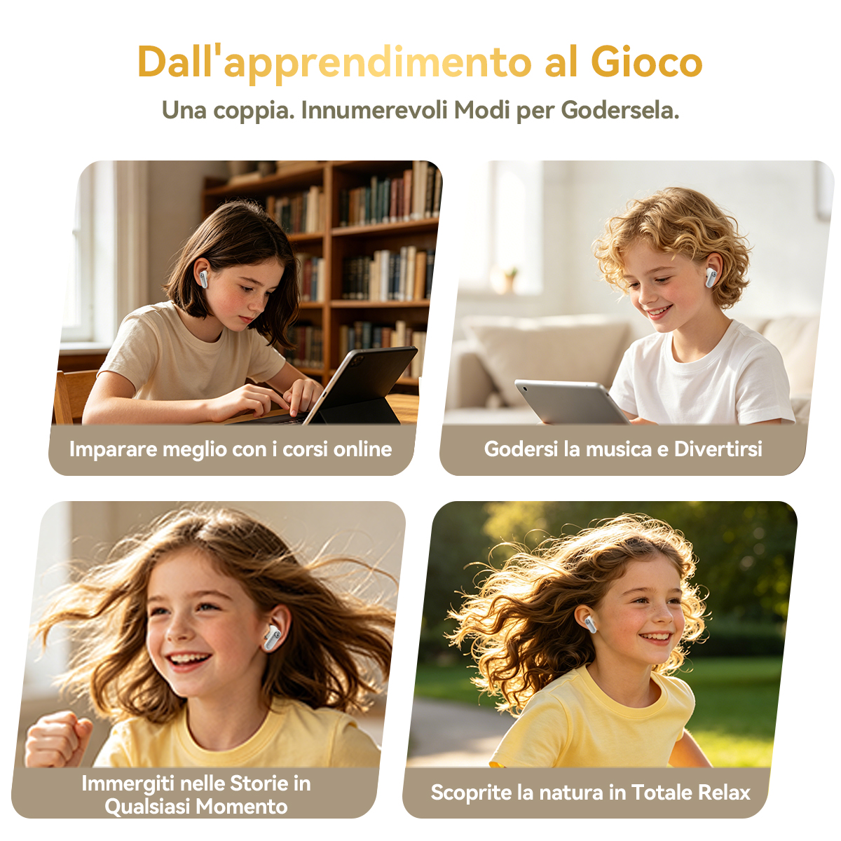 Quattro scene: bambina impara, ascolta musica, legge e si gode la natura.