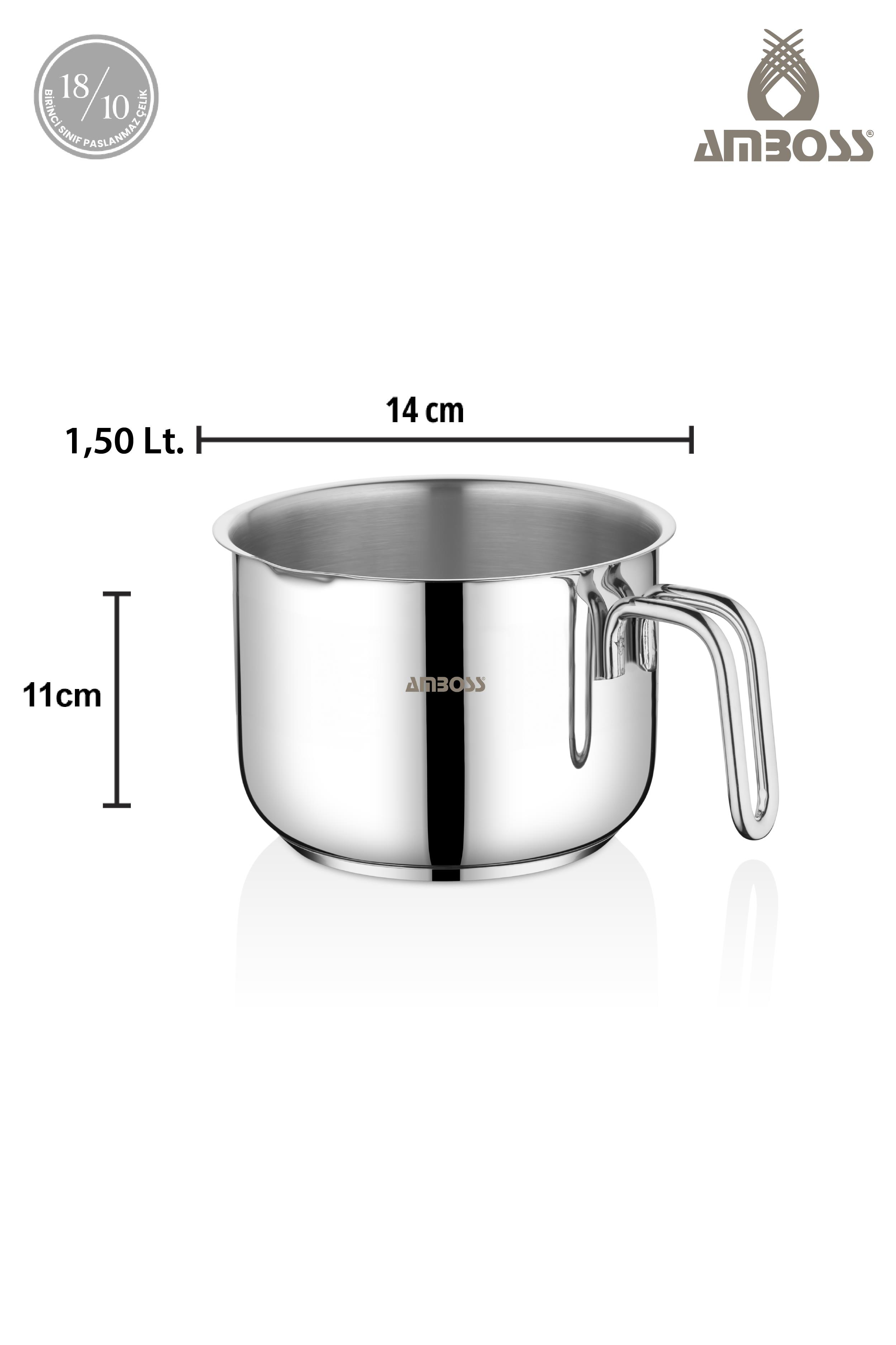 14 cm genişliğinde, 11 cm yüksekliğinde, parlak metal saplı tencere.