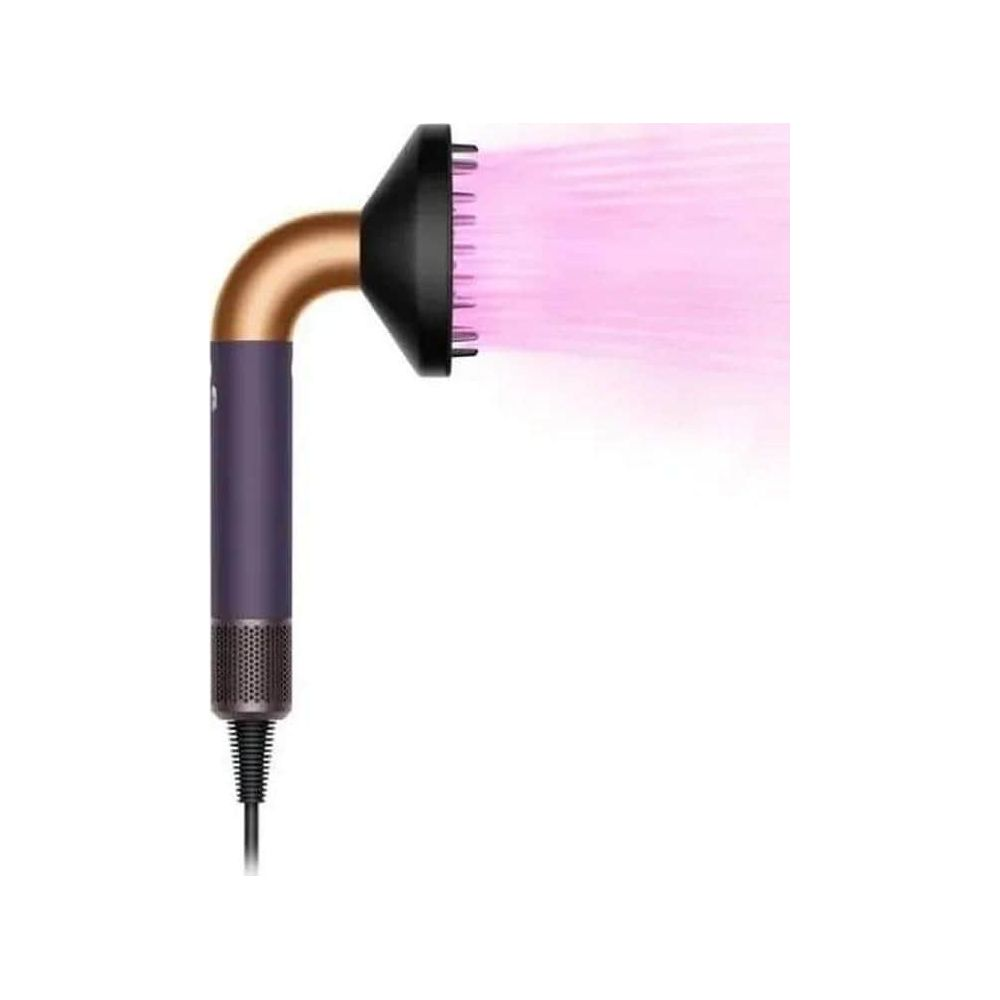 Un accessorio viola per asciugacapelli con braccio in rame che soffia aria rosa.