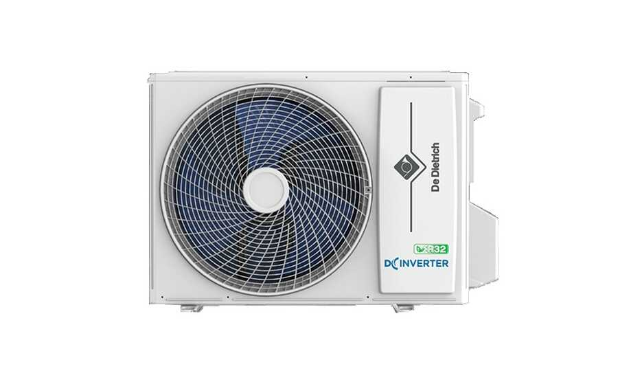 Mavi fanlı ve De Dietrich logolu dış ünite klima. DC INVERTER R32.