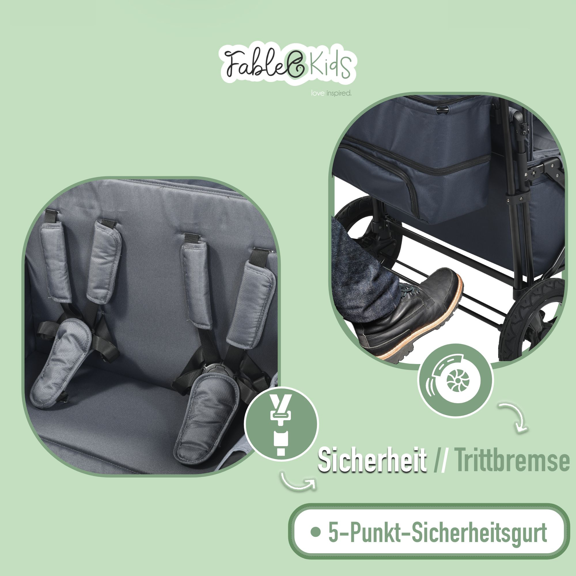 Bild zeigt einen Kinderwagen mit 5-Punkt-Gurten und Trittbremse.