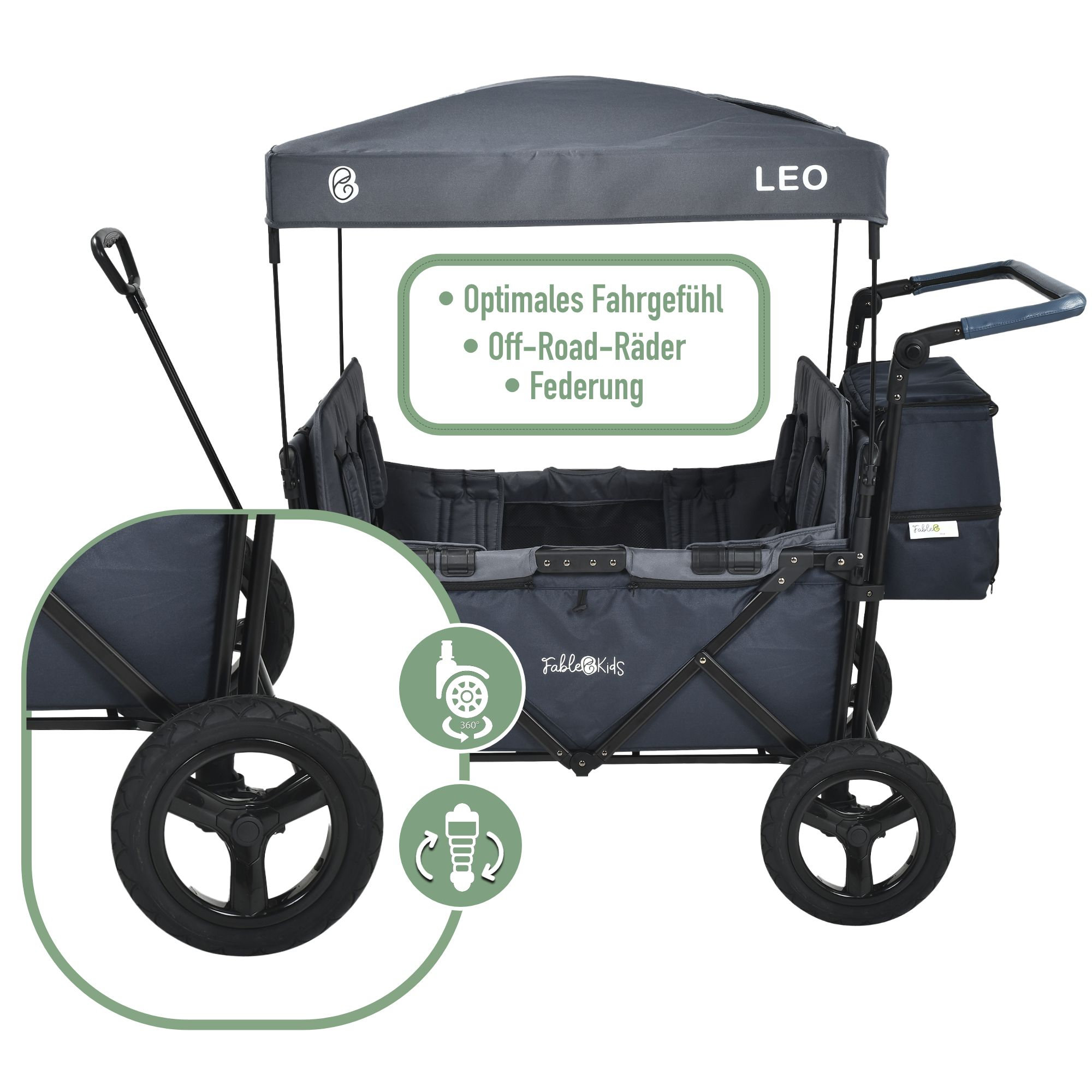 Ein grauer Kinderwagen mit Verdeck und Platz für mehrere Kinder.