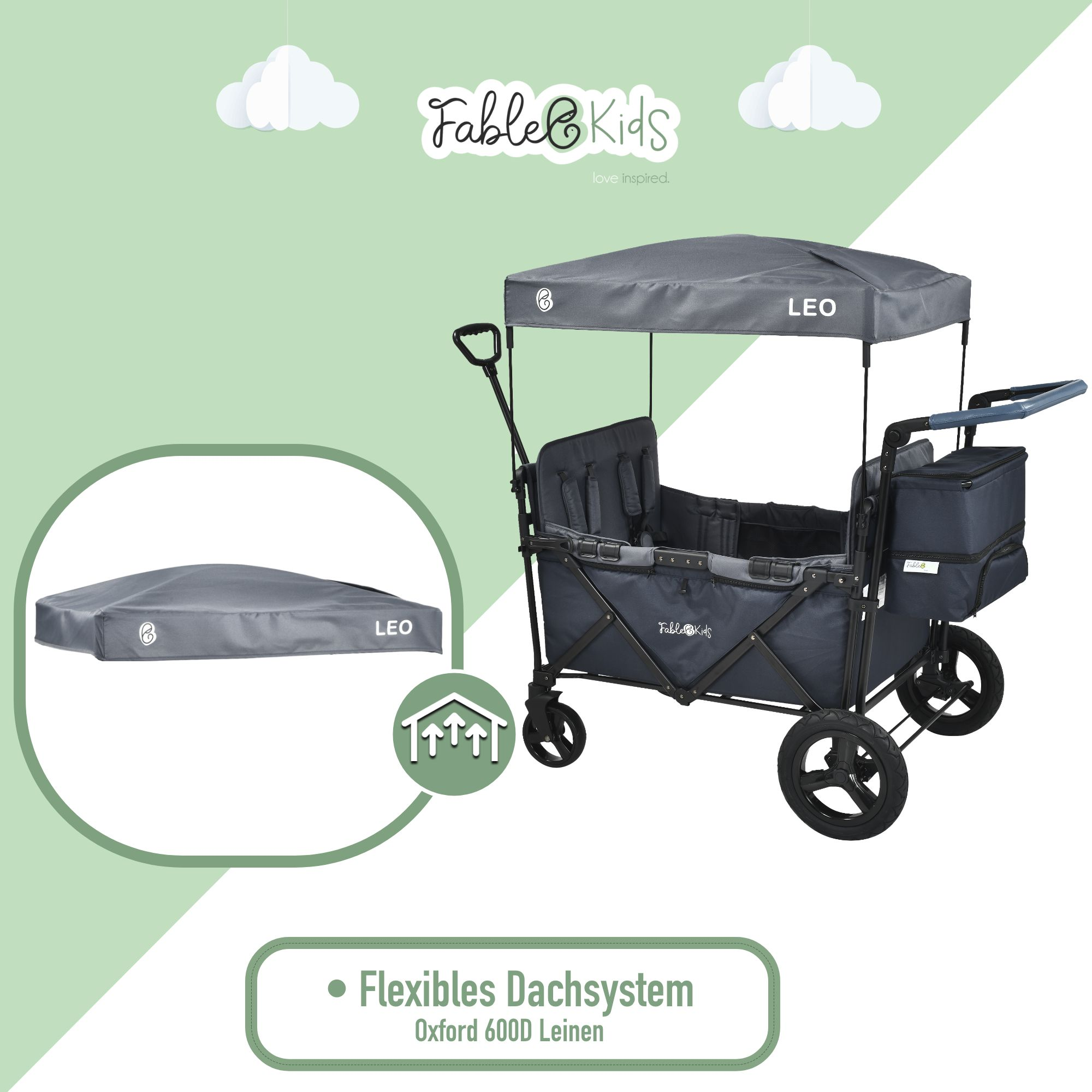 Ein dunkelgrauer Kinderwagen mit Verdeck, Sitzgurten und Kühltasche.