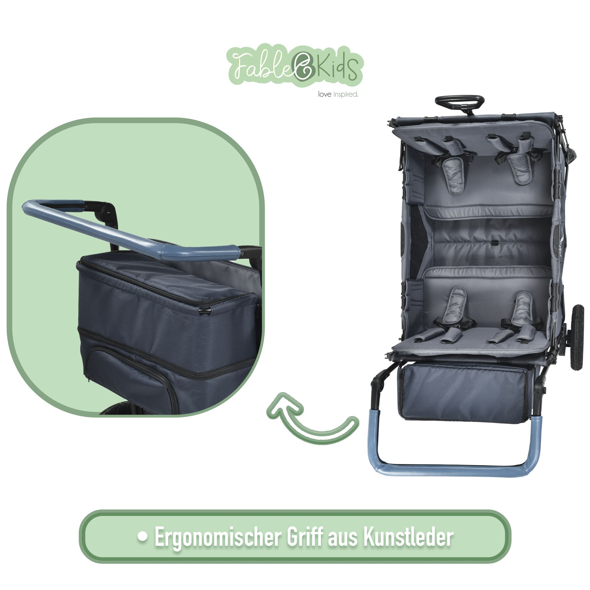 Ein Kinderwagen mit zwei Sitzen und Kunstledergriff.