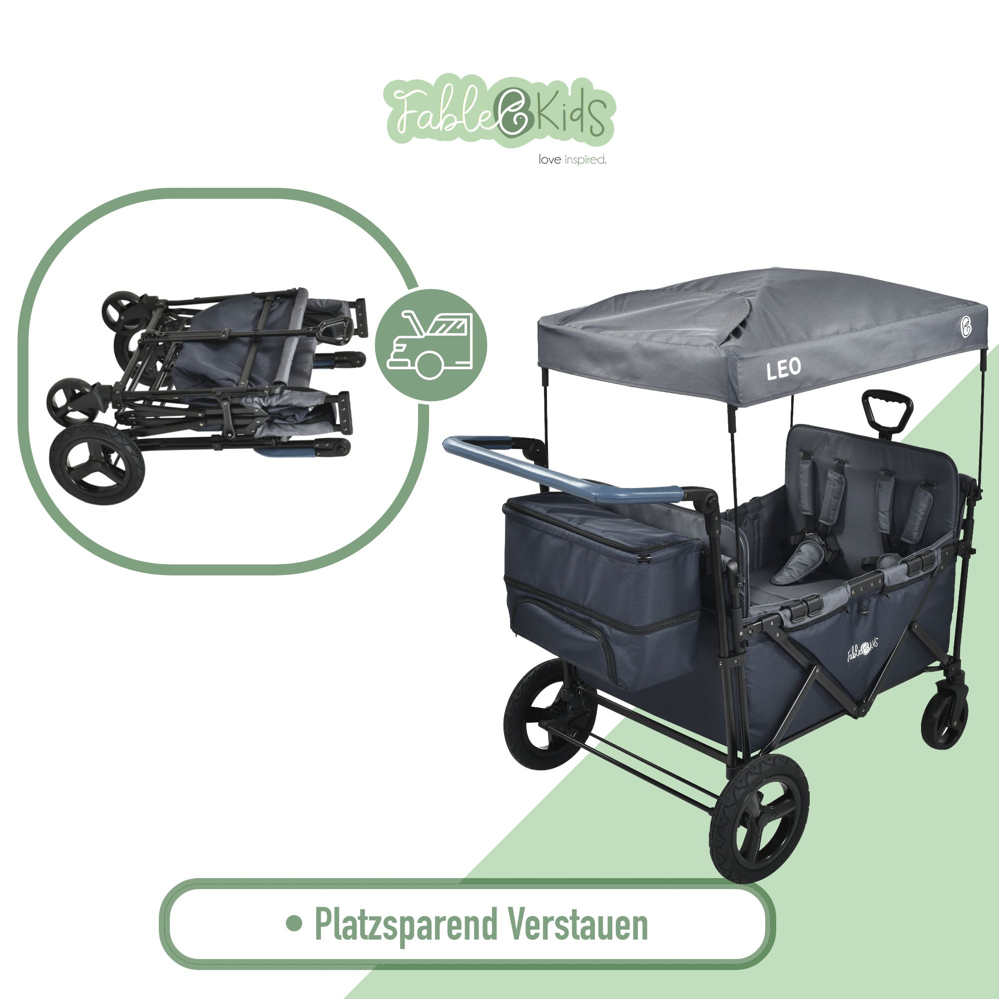 Ein grauer Kinderwagen mit Sonnendach, Sitzgurten und einer Kühltasche.