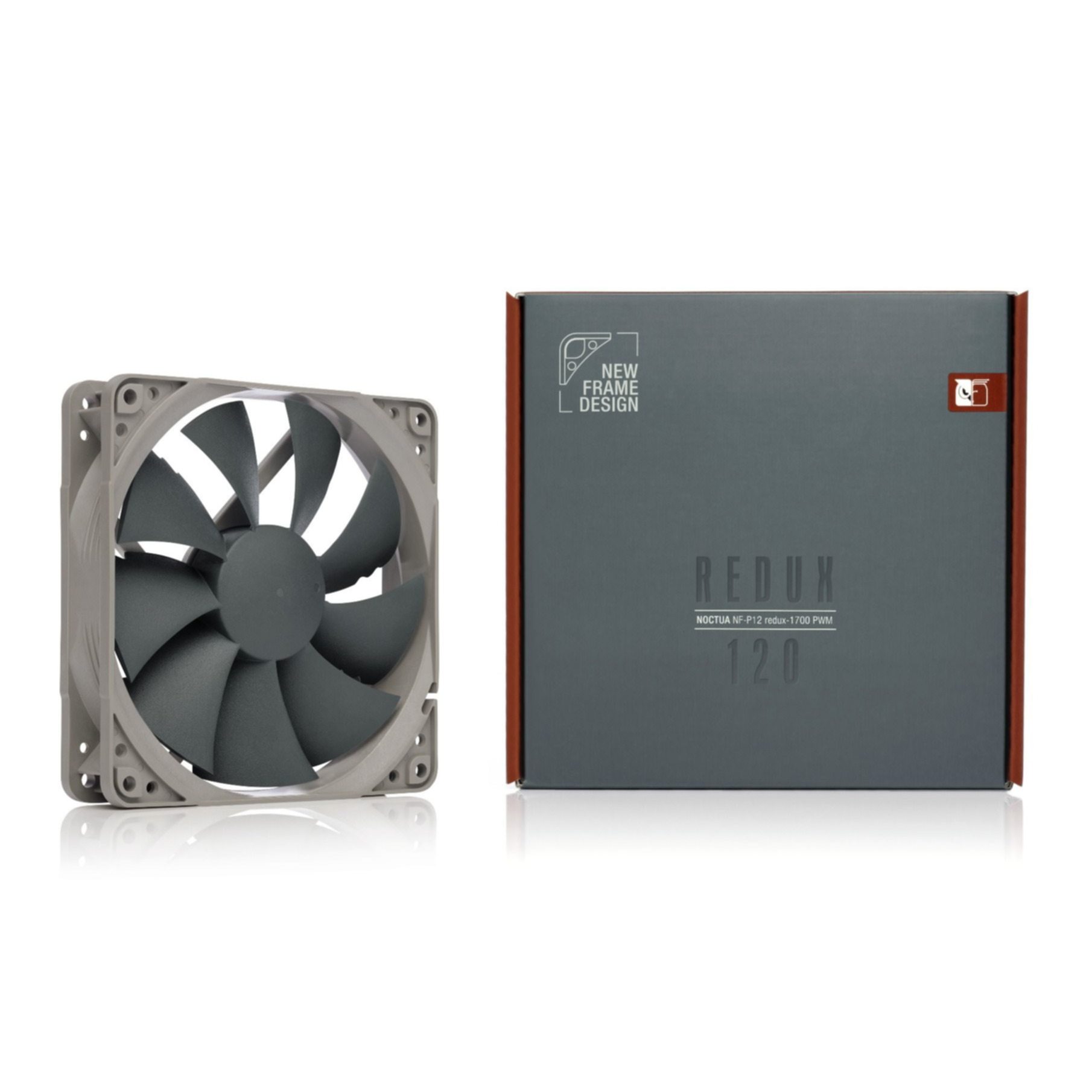 A grey computer fan and a grey box with red trim.