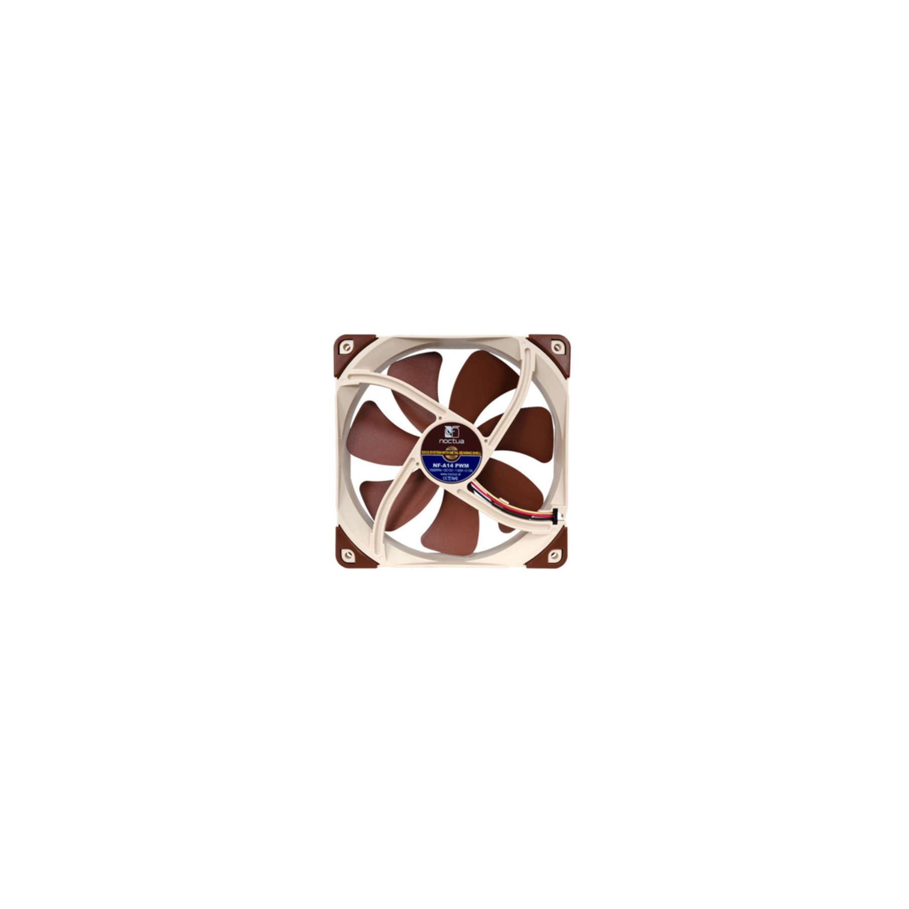 A beige computer fan with brown blades and wires.