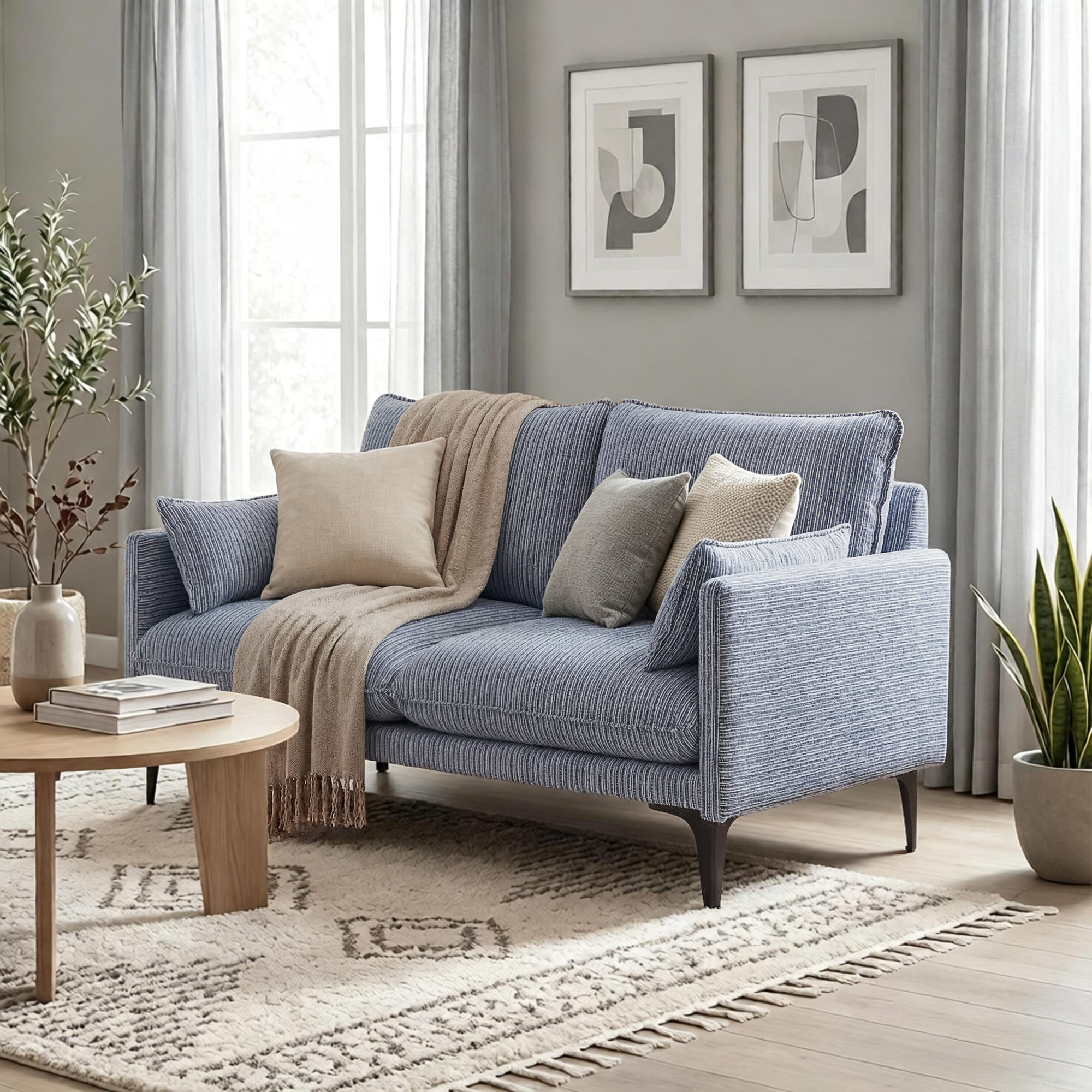 Un divano blu con cuscini e coperta, accanto a un tavolino con libri.