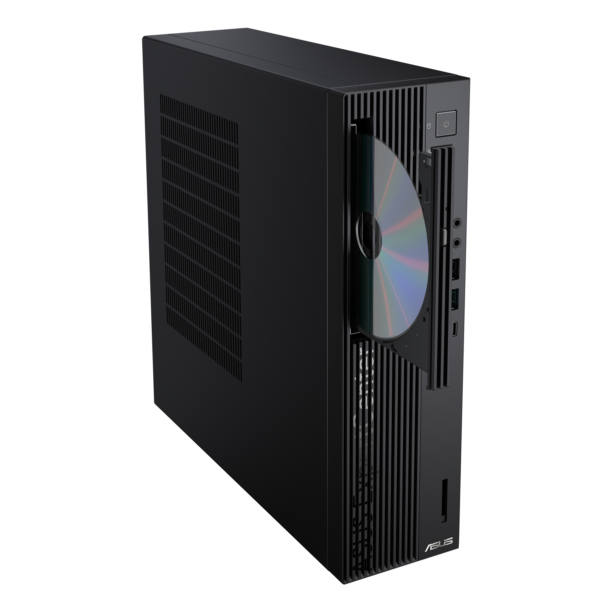 Caja de PC negra con unidad de CD/DVD y disco parcialmente extendidos.