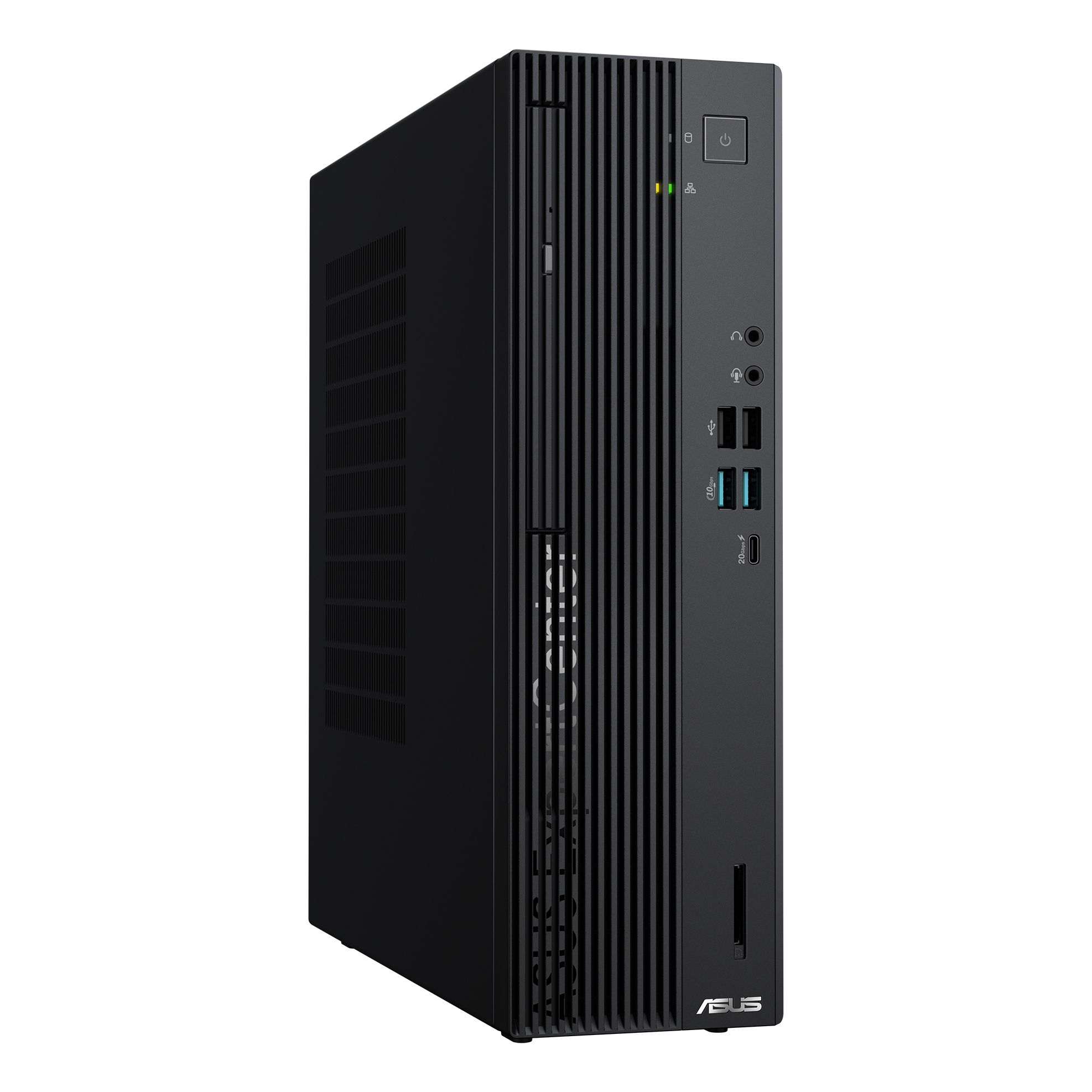 Ordenador de sobremesa negro y delgado con rejillas y puertos frontales. Logo ASUS.
