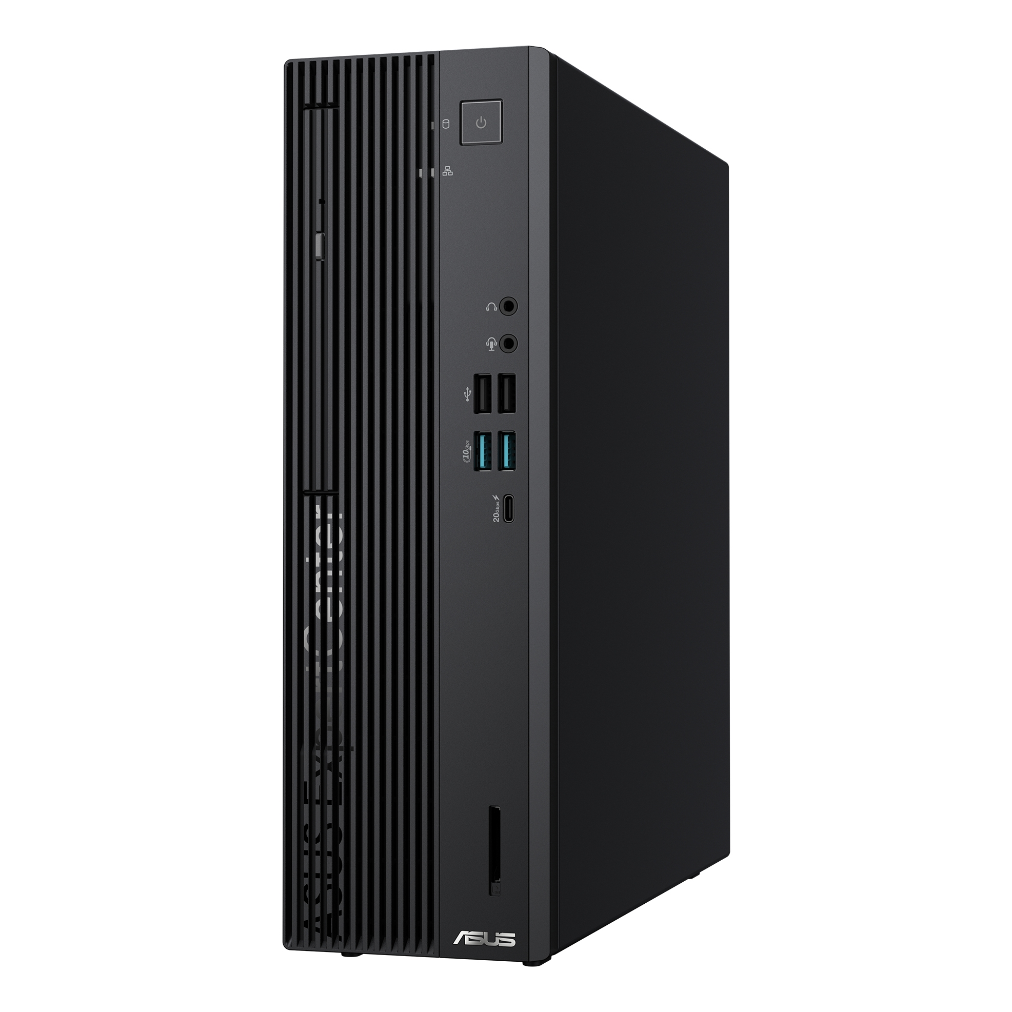 PC de sobremesa negro con rejillas verticales y puertos frontales. Incluye botón de encendido.