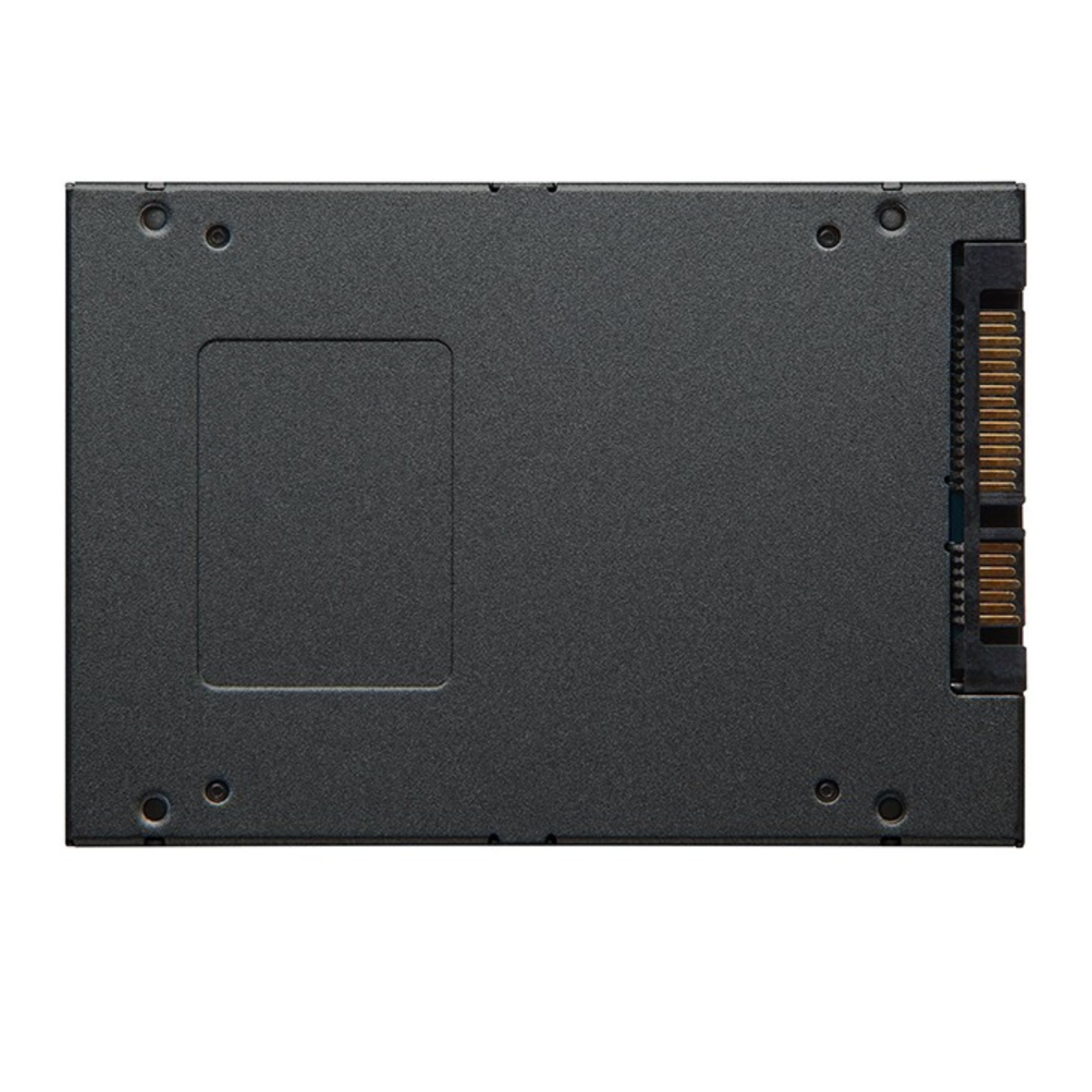 Black SSD with SATA connector and screw holes on a white background.
