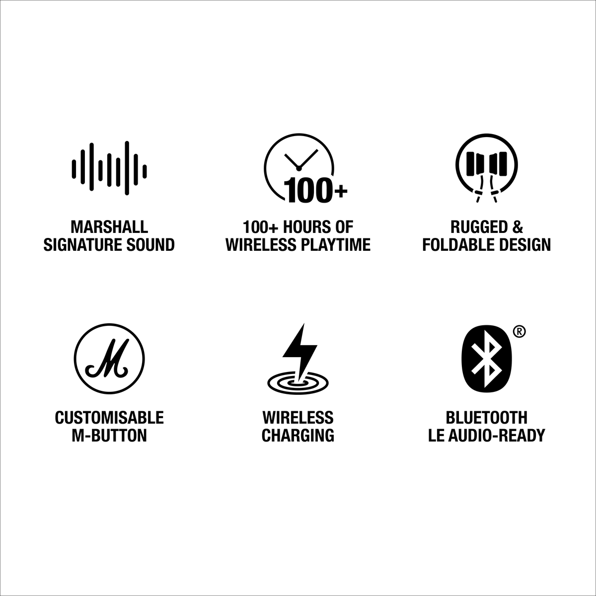 Icone cuffie Marshall: suono, autonomia, design, M-button, ricarica, Bluetooth.