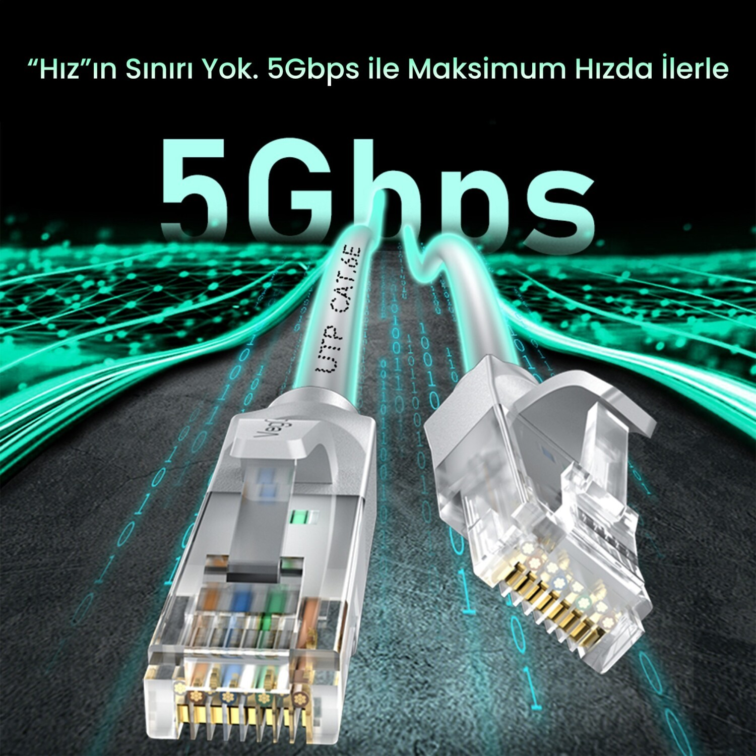 İki adet 5 Gbps Ethernet kablo konektörünün yakın çekimi.