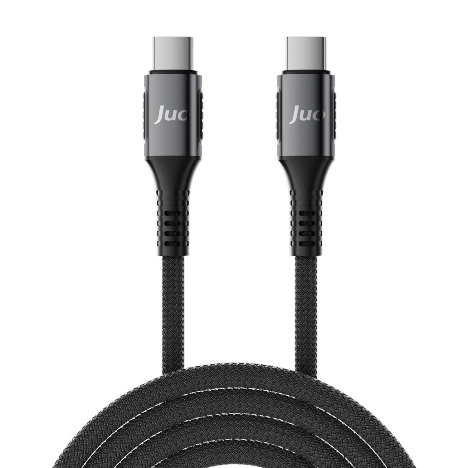 Beyaz logolu gri konnektörlü iki siyah USB-C kablosu, beyaz zeminde.