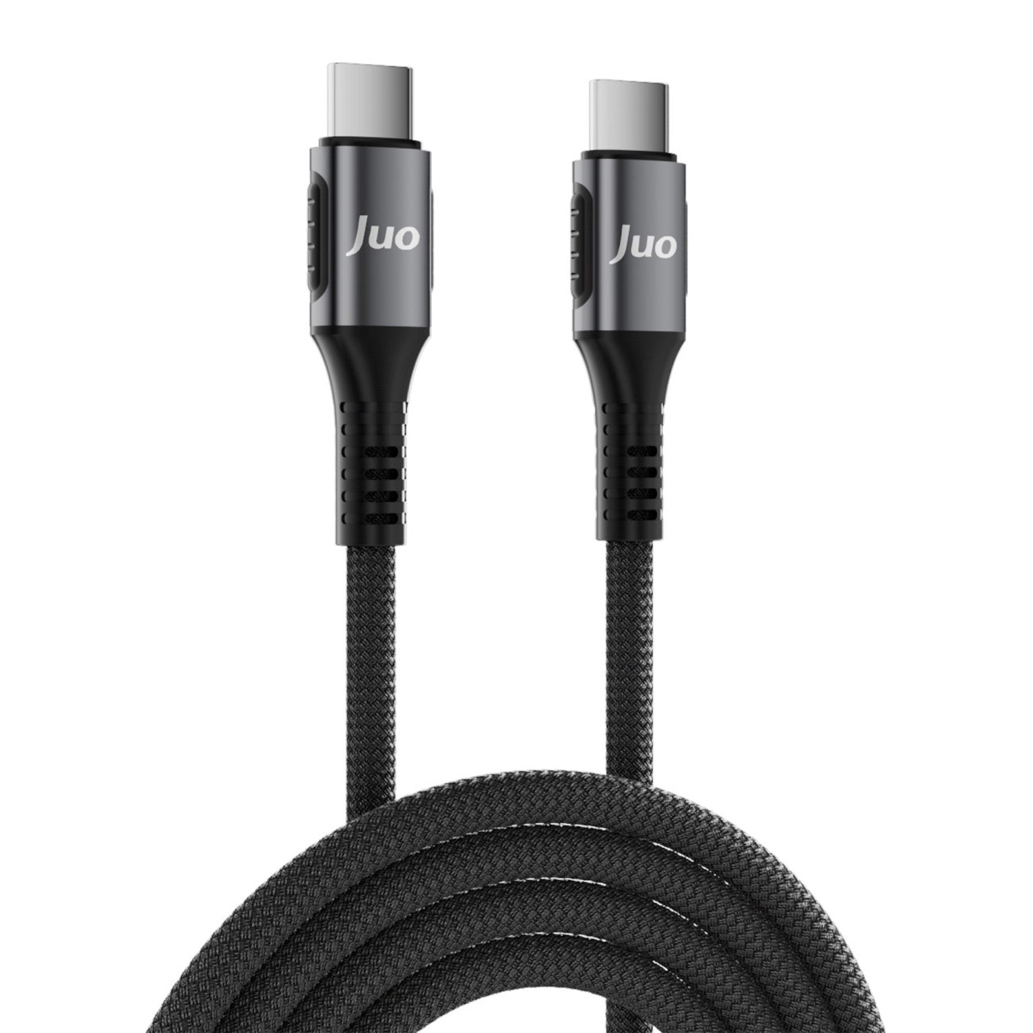 Gri "Juo" etiketli iki siyah USB-C kablosu.