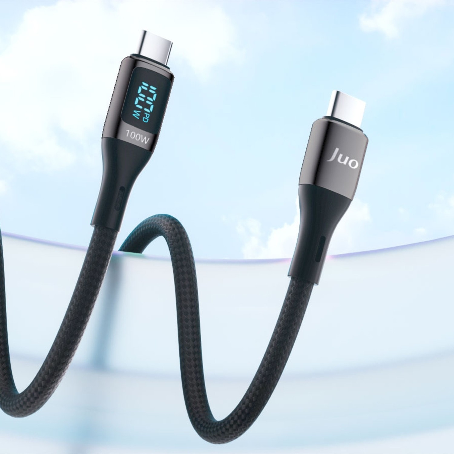 100W PD gücü gösteren dijital ekranlı siyah USB-C kablosu.