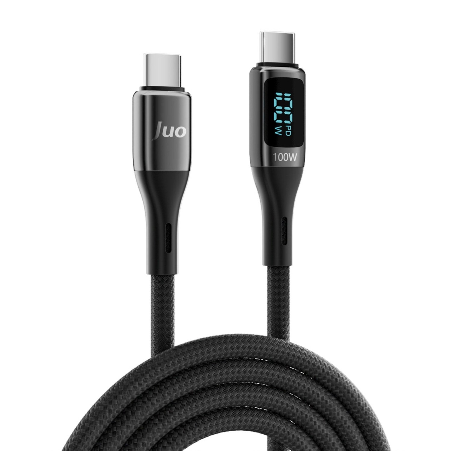 100W gösteren dijital ekrana sahip iki siyah USB-C kablosu.