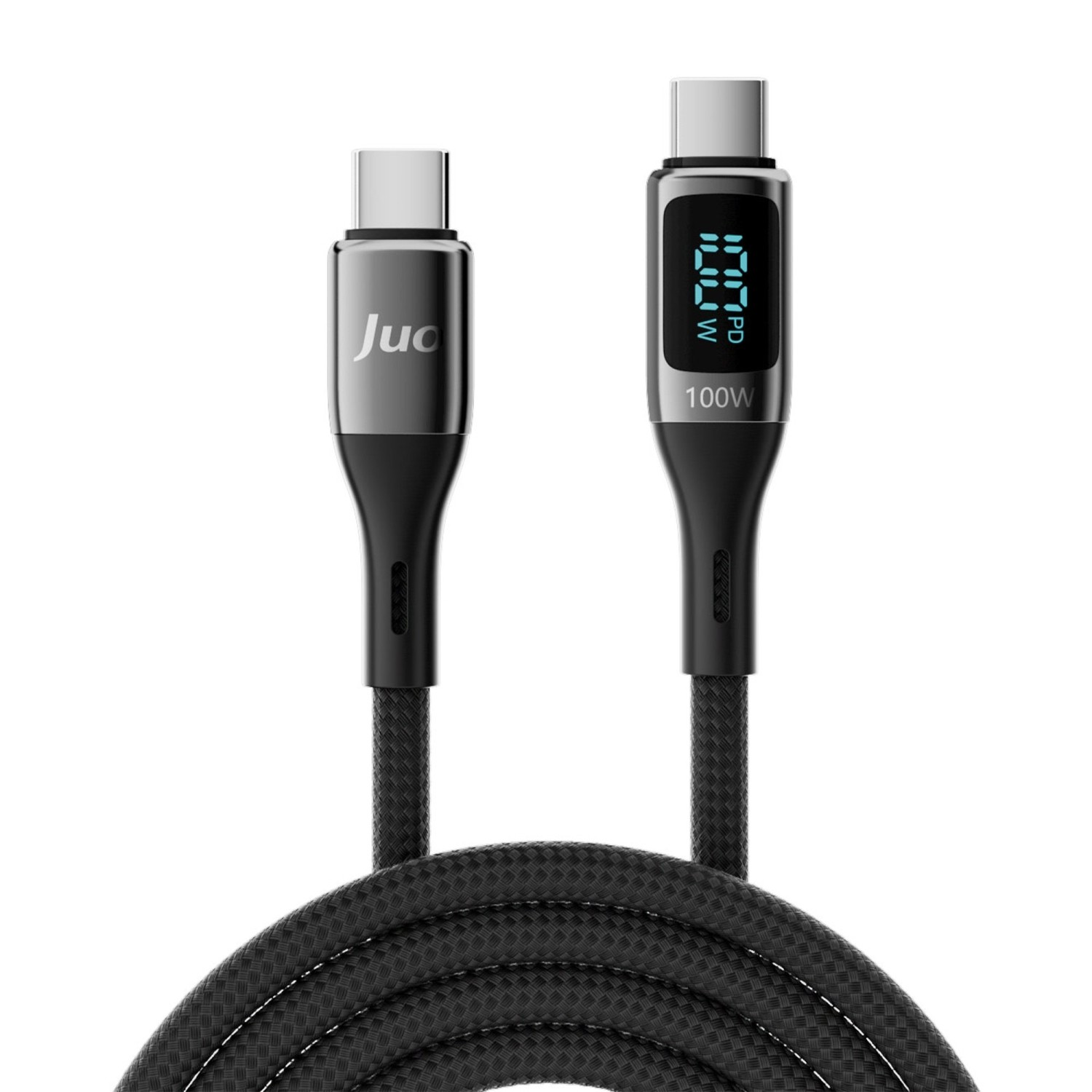 100W gösteren dijital ekranlı iki siyah USB-C kablosu.