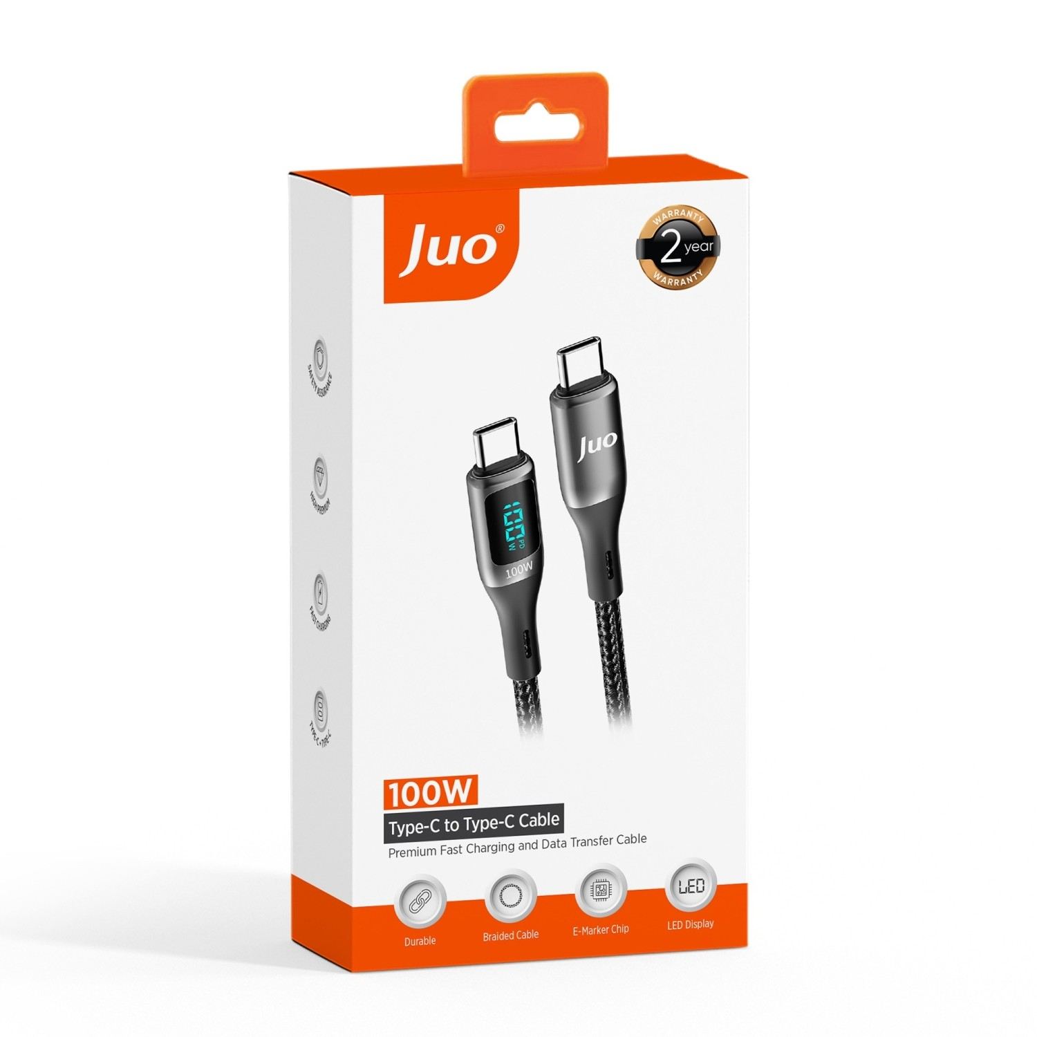 Juo 100W Tip-C kablo ambalajı, LED ekranlı ve 2 yıl garantili.