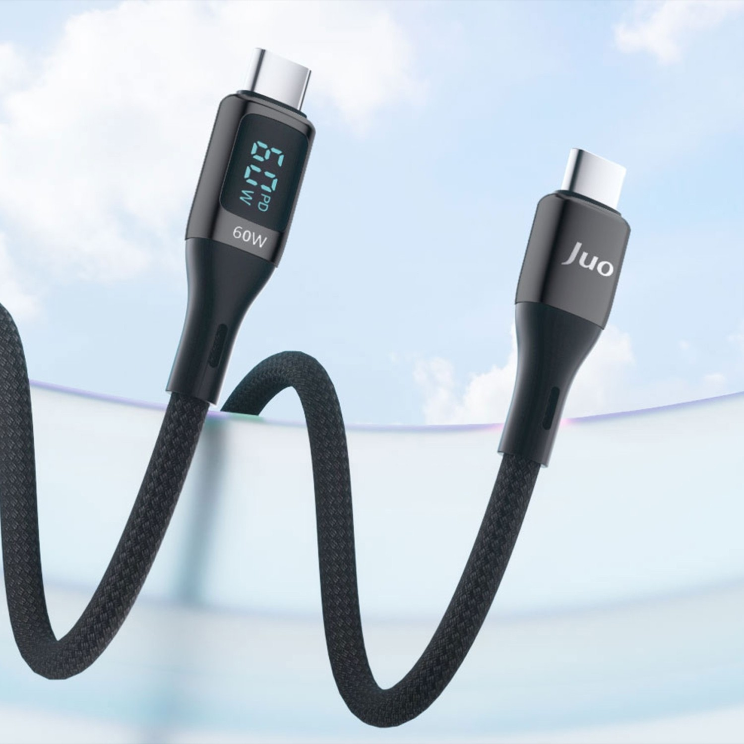 60W gösteren dijital ekrana sahip siyah USB-C kablosu.