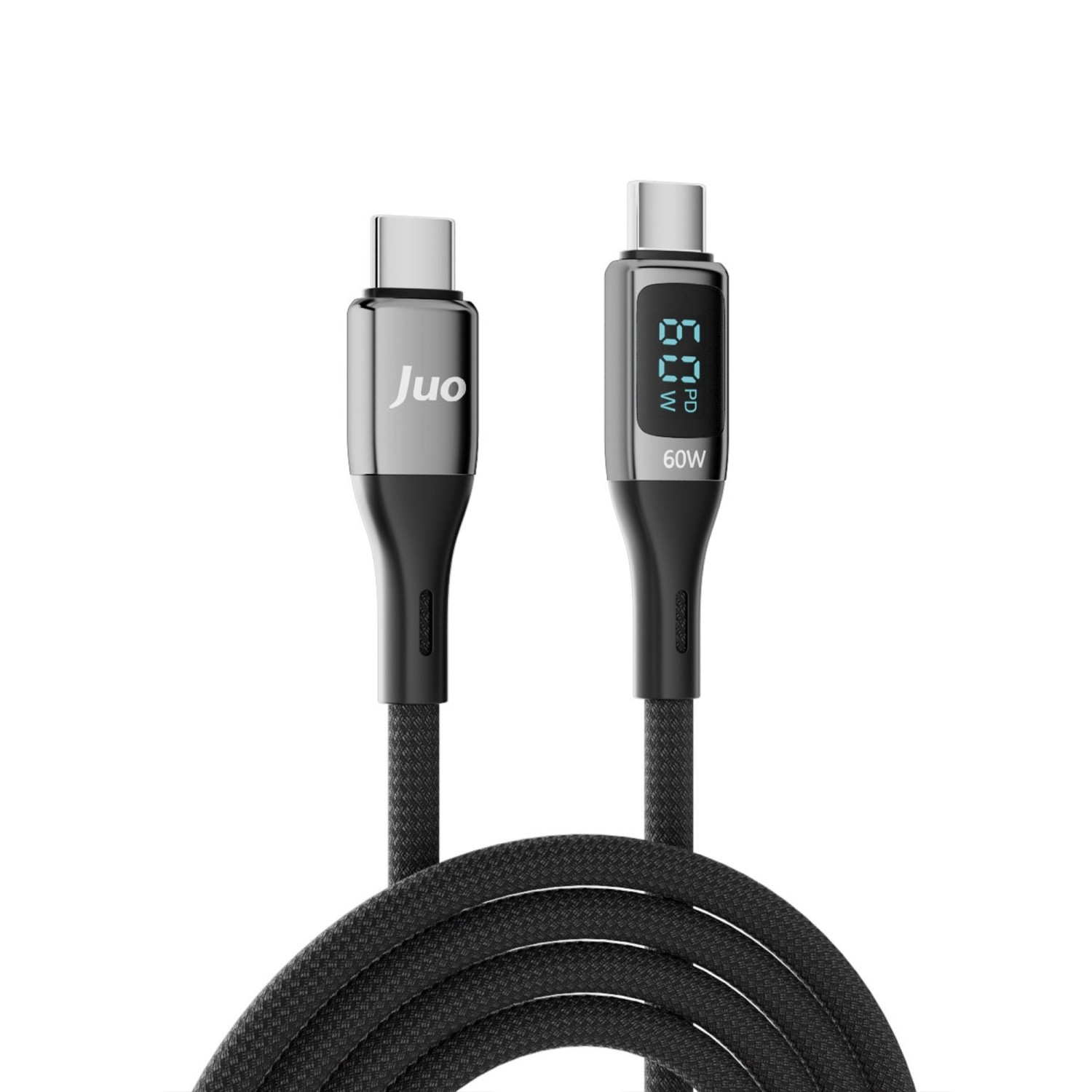 Beyaz arka plan üzerinde gümüş konektörlü iki siyah USB-C kablosu.