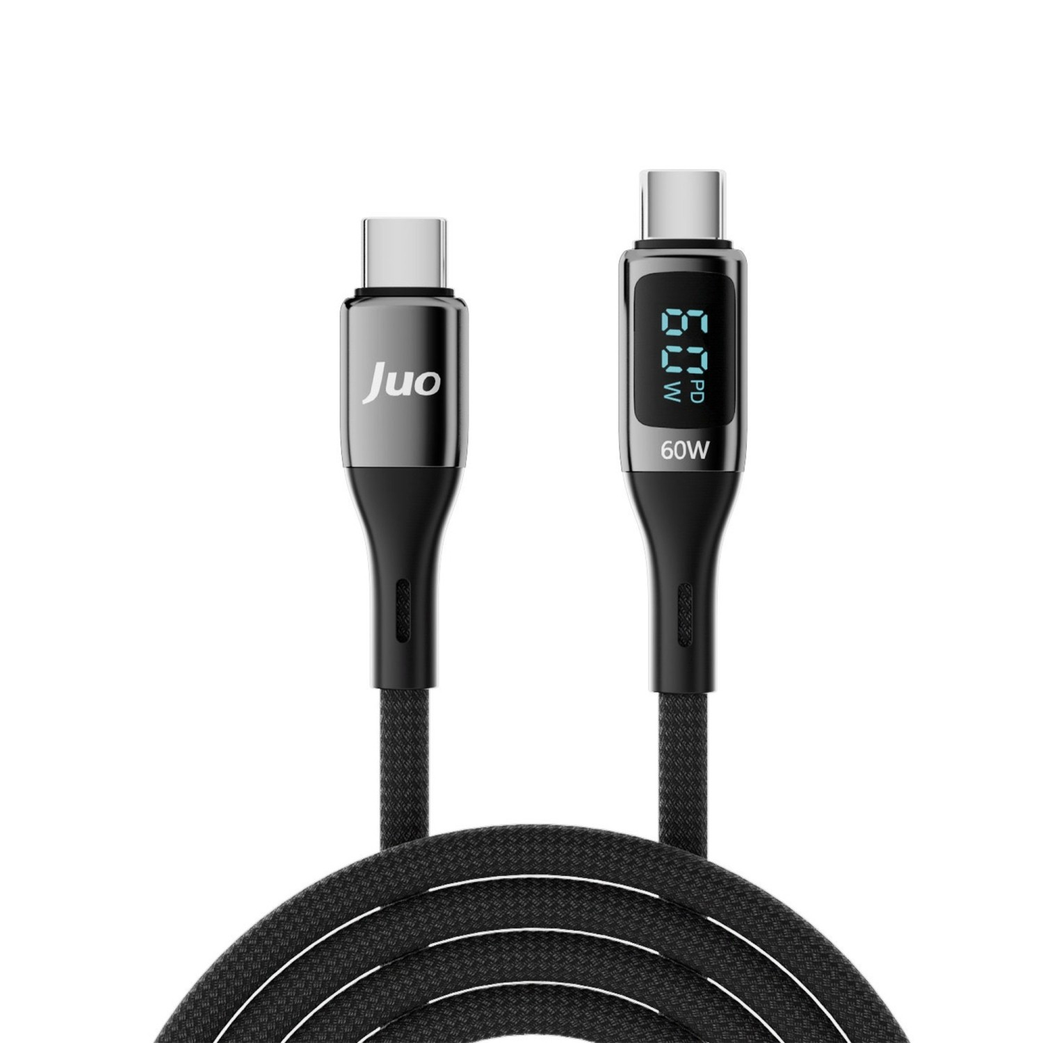 Dijital ekranlı iki USB-C kablosu. Biri 'Juo', diğeri '60W' gösteriyor.