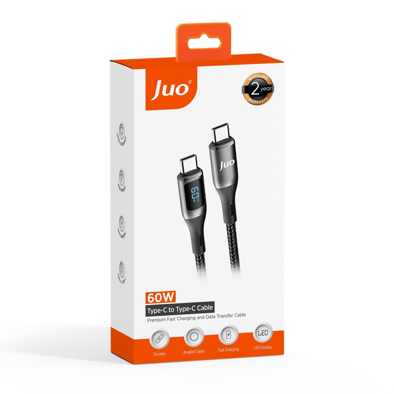 Kutu, LED ekranlı 60W USB-C - USB-C kablosunu gösteriyor.