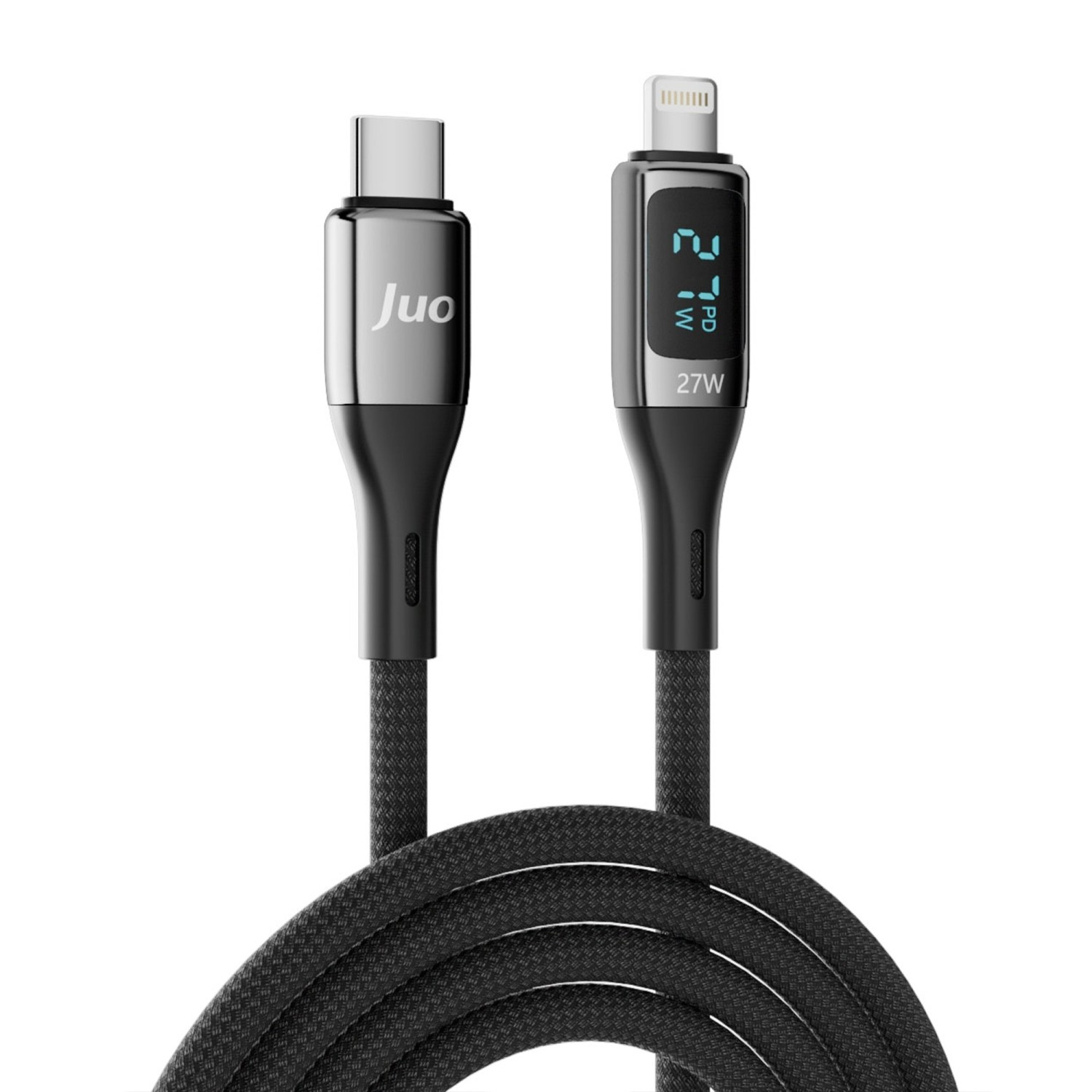 Dijital watt göstergeli siyah USB-C - Lightning kablosu.
