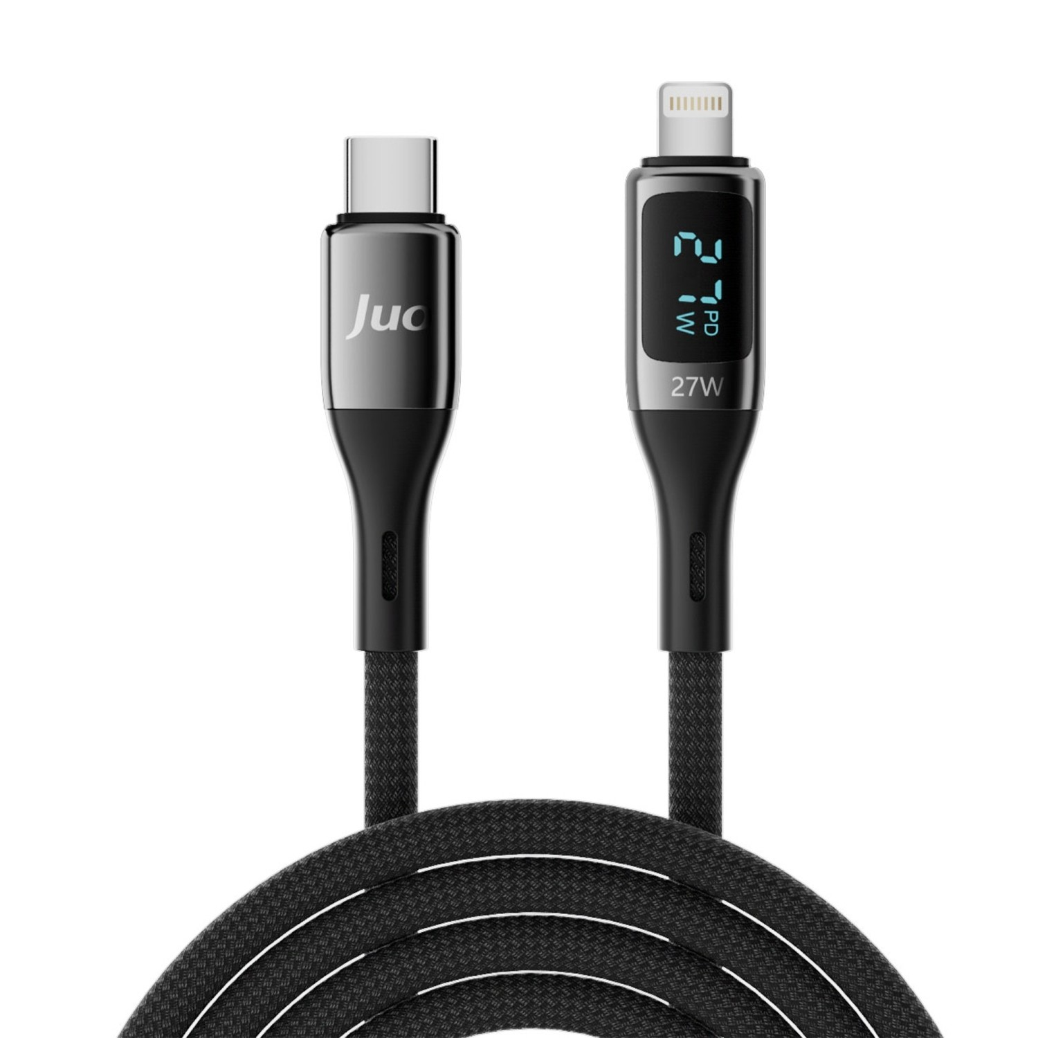 USB-C ve Lightning konektörlü iki siyah şarj kablosu, biri dijital watt göstergeli.