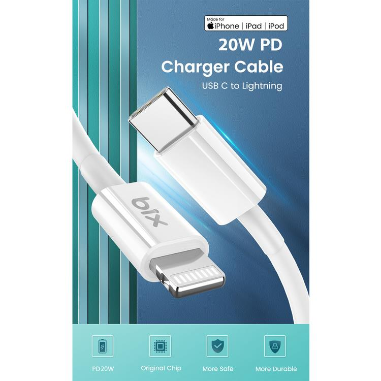 iPhone, iPad, iPod için 20W PD şarjlı beyaz USB-C - Lightning kablosu.