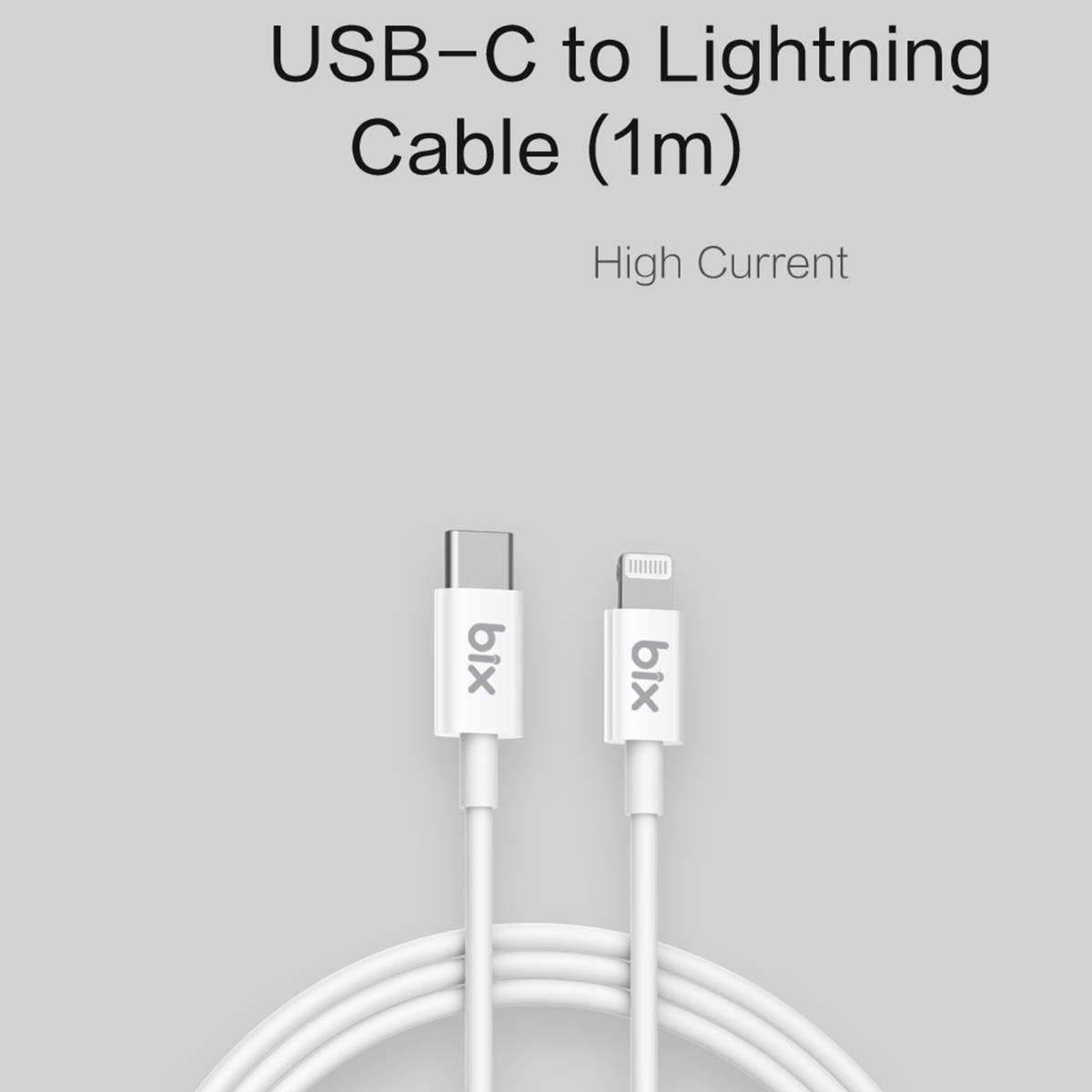 Beyaz USB-C - Lightning kablo (1m), "High Current" yazılı.